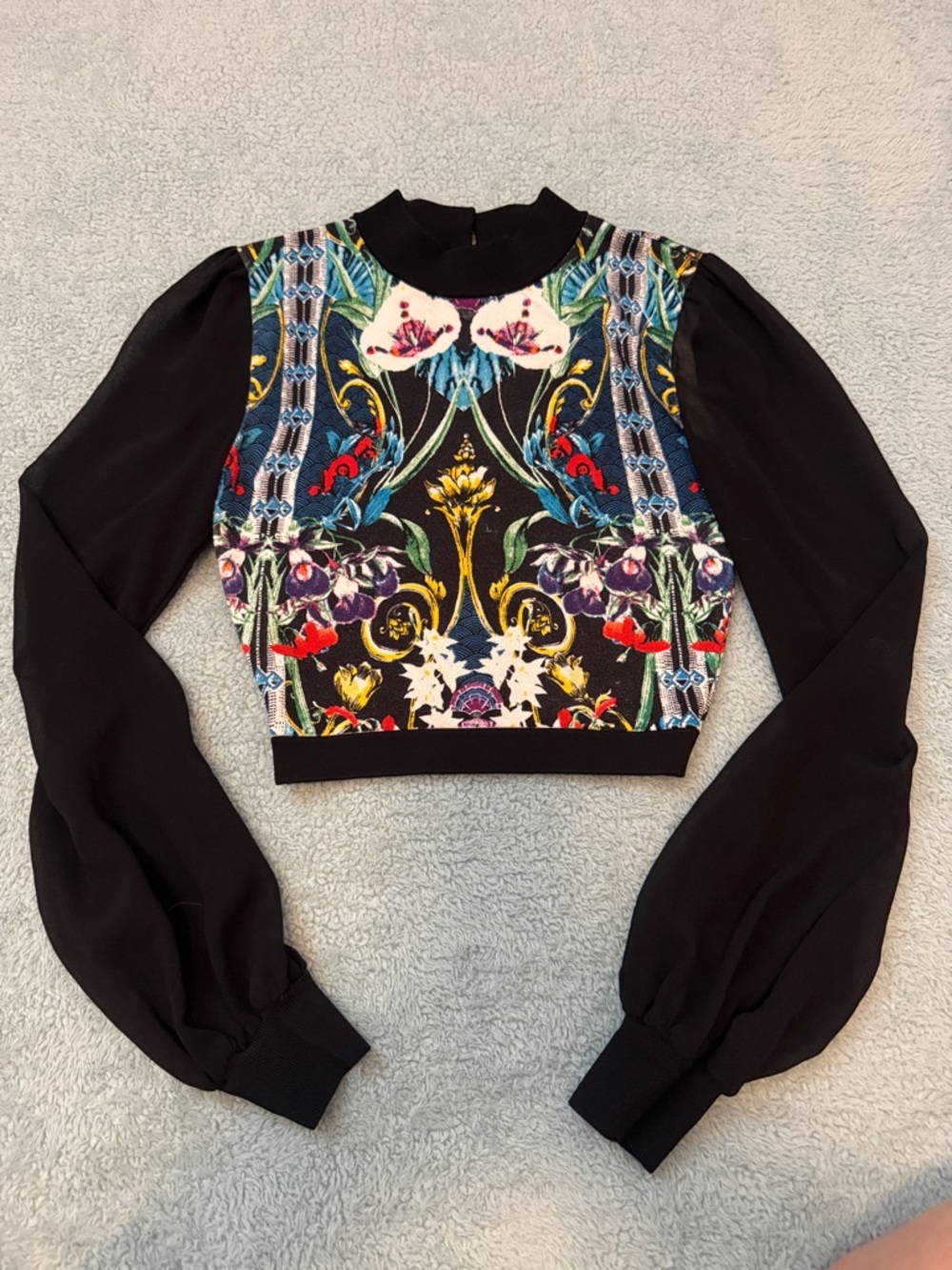 bebe Black Long-Sleeve Cropped Top with Multicolor Ornate Print - Picture 1 of 3